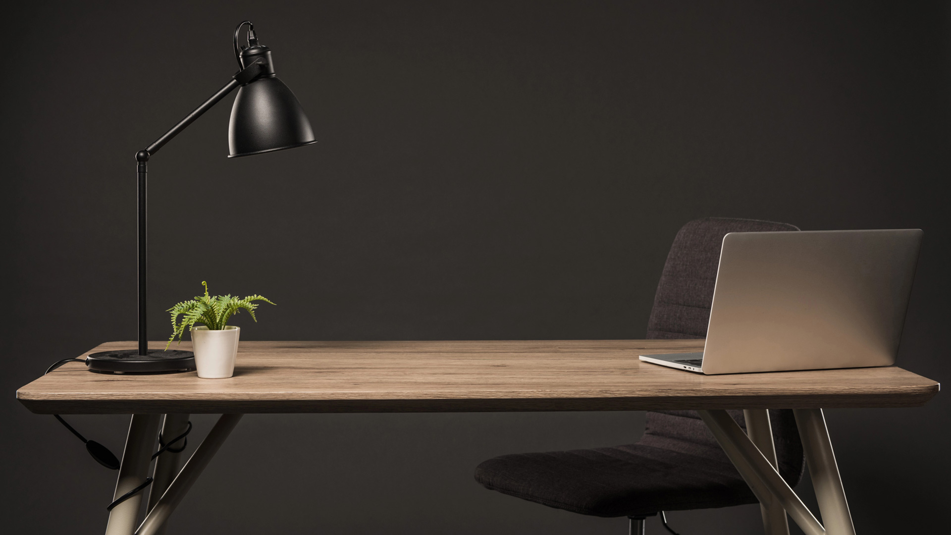 Bureau épuré avec table en bois clair, lampe de bureau noire, ordinateur portable, petite plante verte en pot et chaise noire.